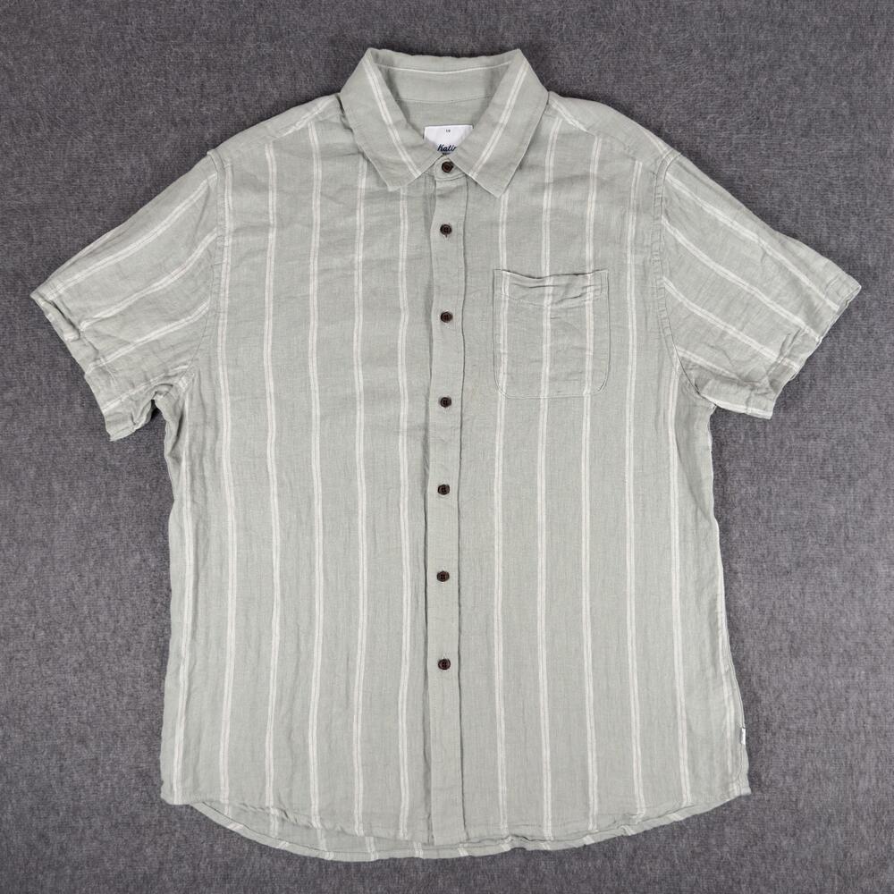 Katin Shirt Mens Large Green Stripe Short Sleeve Button Up Linen Cotton Casual